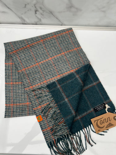 100% Cashmere plaid scarf - Natural, Green & Orange Check